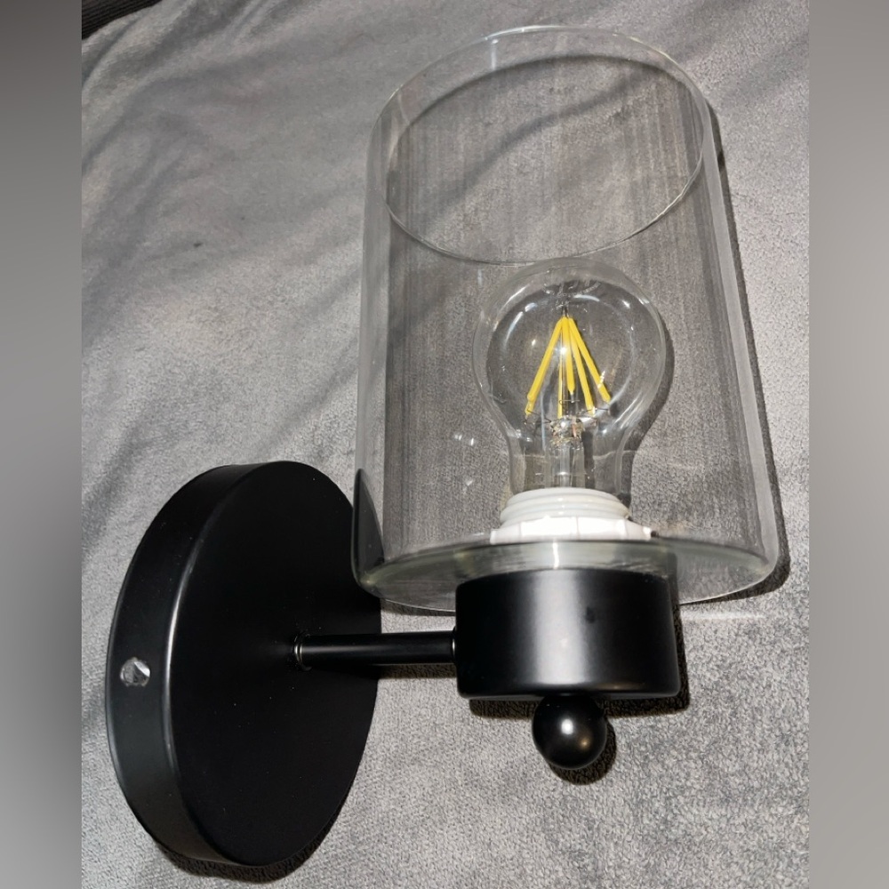 Modern Wall Sconce Light Fixture Clear Glass Shade w Matte Black Metal Finish
